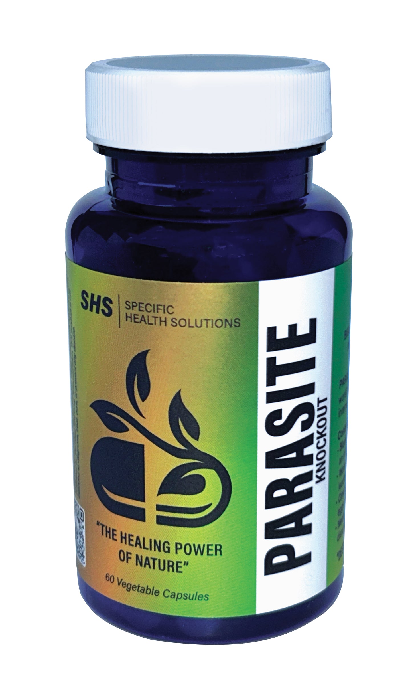 A bottle of 'PARASITE KNOCKOUT - Ultimate Defense Against Parasites' with 60 capsules, by Specific Health Solutions. The label is green and blue with an image of a herb and a fire, indicating the natural ingredients used in the product.